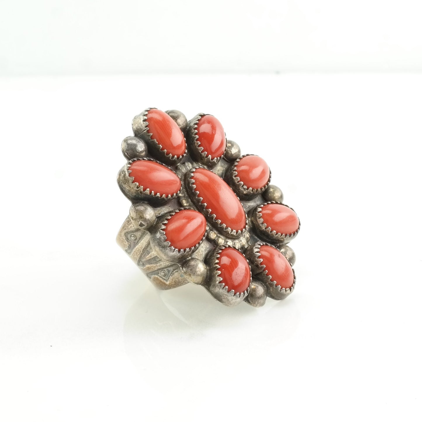 Native American Silver Ring Coral Floral Sterling Red Size 9 1/4