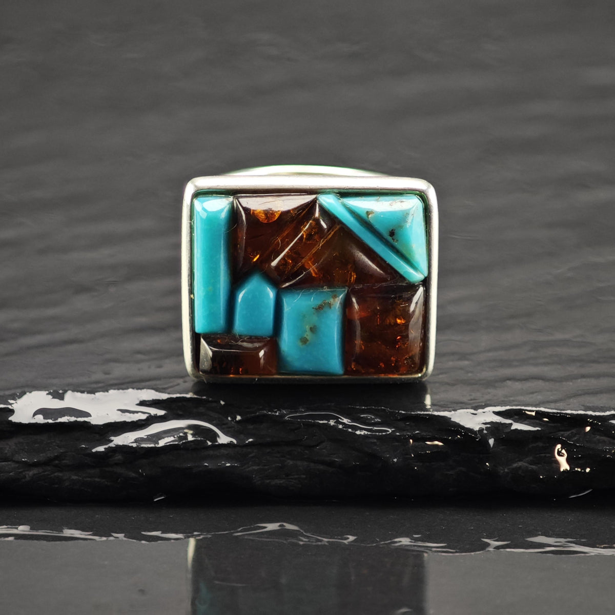 Turquoise Amber Inlay Rectangle Sterling Silver Ring Sz 7 R6865