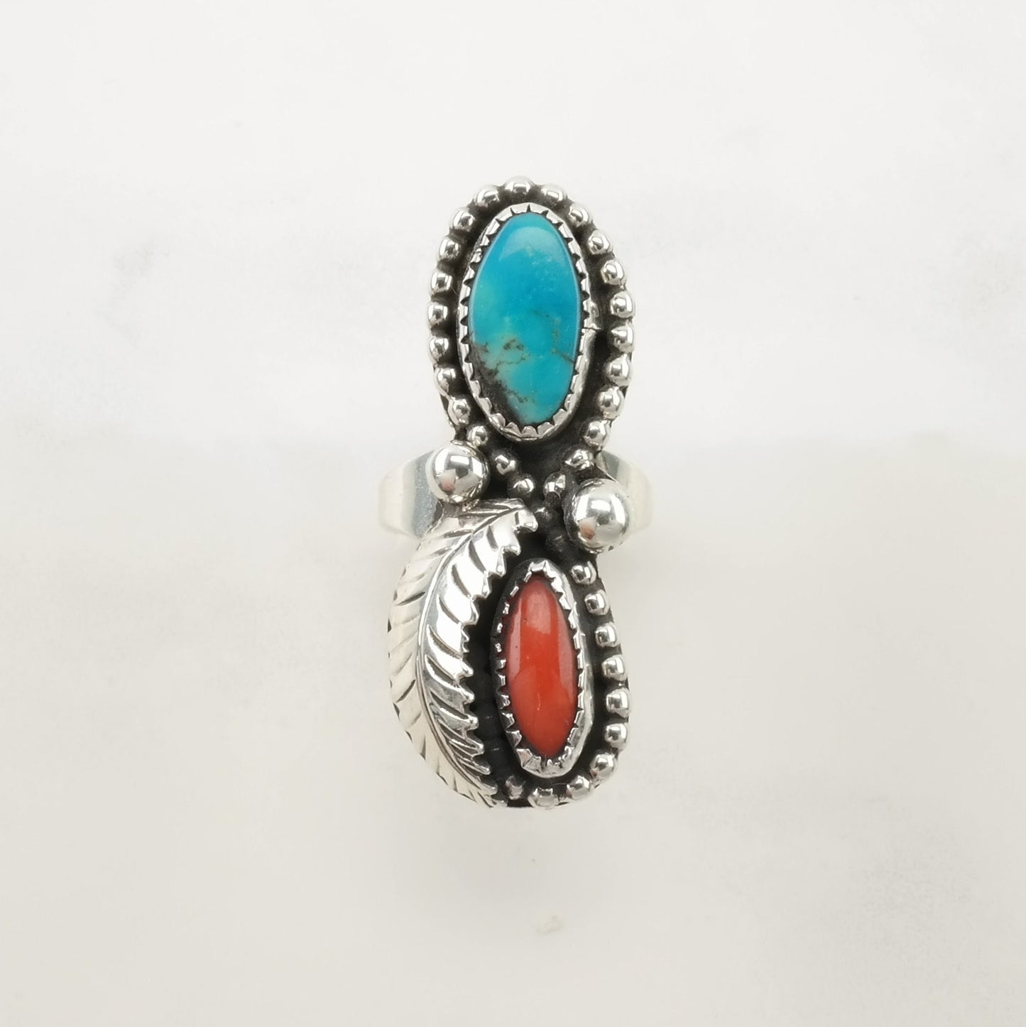 Native American Silver Ring Turquoise, Coral Leaf Sterling Size 5 1/2