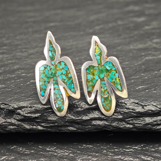 Native American Green Inlay, Turquoise Thunderbird Stud Earrings Sterling Silver
