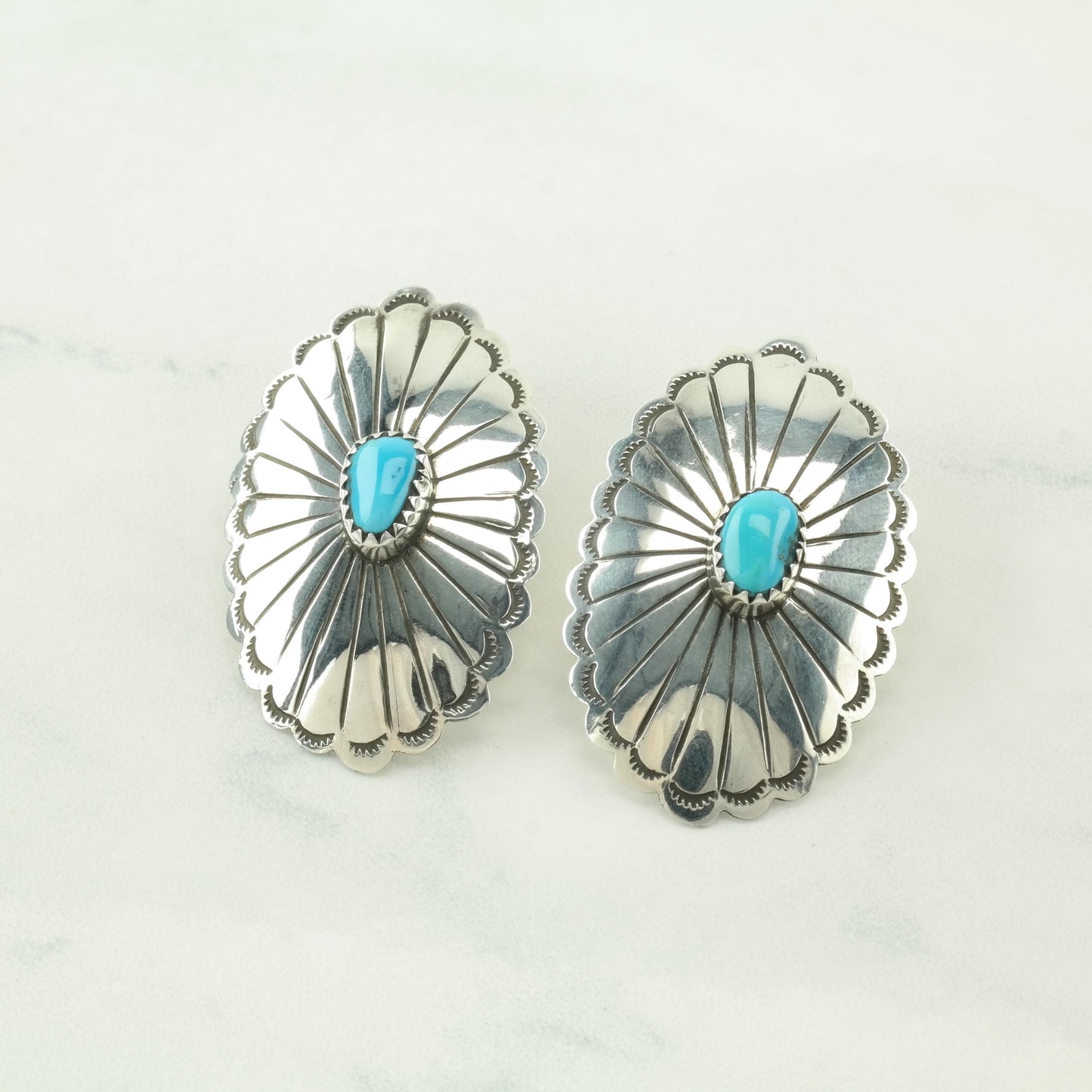 Vintage Large Native American Turquoise, Concho Floral, Stamped, Sterling Silver Pierced Earrings