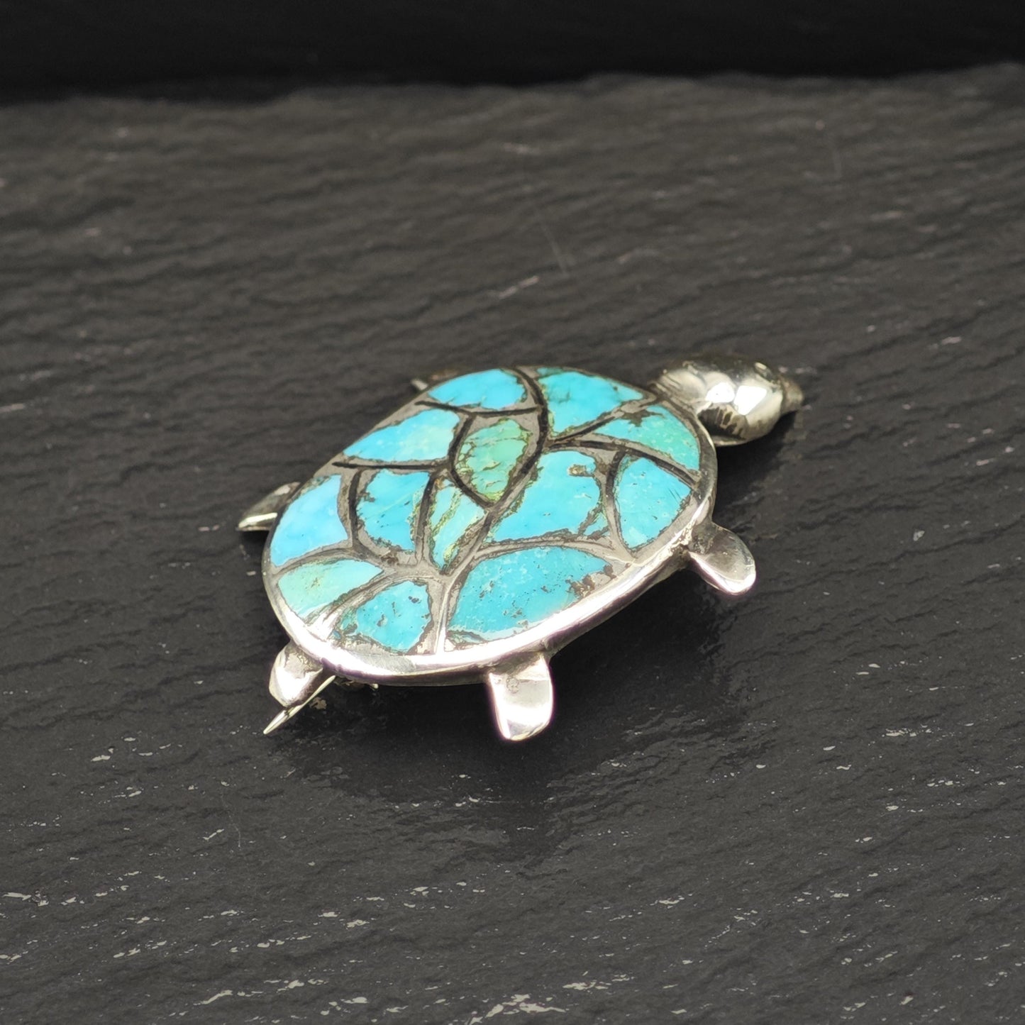 Zuni Sterling Silver Brooch Turtle, Inlay Blue Turquoise