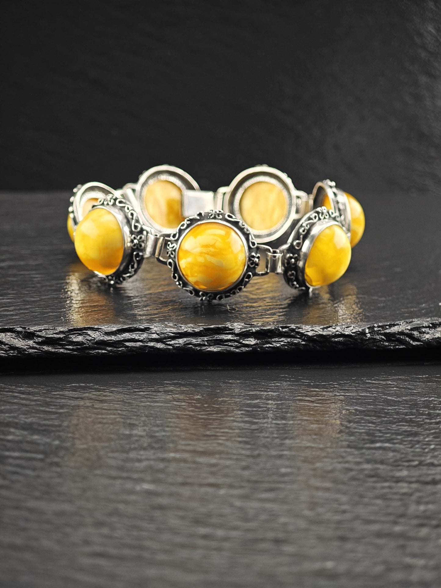 Vintage Baltic Amber Sterling Silver Dome Link Bracelet