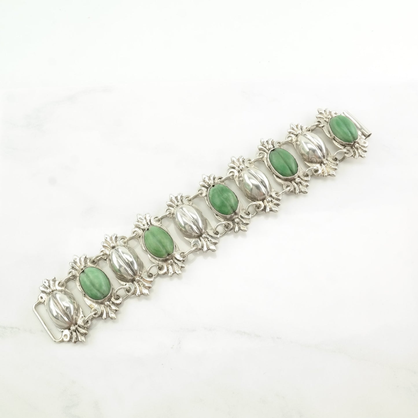 Vintage Early Mexico Sterling Silver Link Bracelet Green Lips Guatemalan Jade