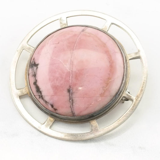 Choice MCM Style Sterling Silver Brooch Pink Rhodonite