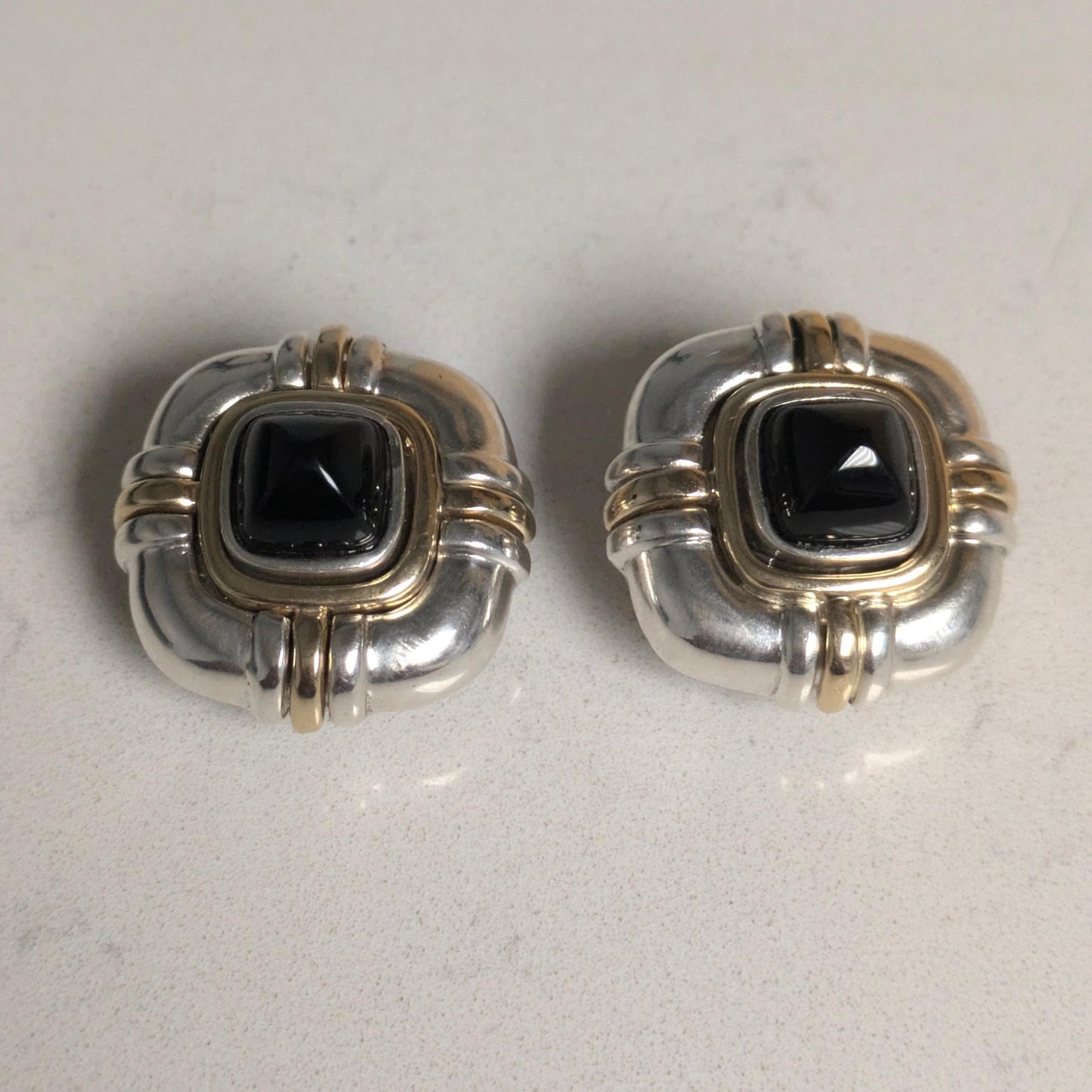 Vintage Sterling Silver & 18K Gold Black Onyx Earrings | Statement Earrings | Black Gemstone Jewelry