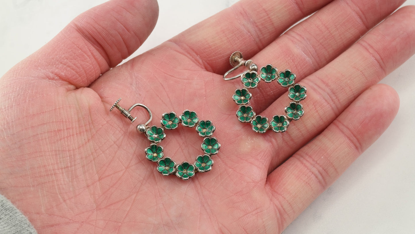 Art Nouveau Green Enamel Flower Screw Back Earrings Sterling Silver