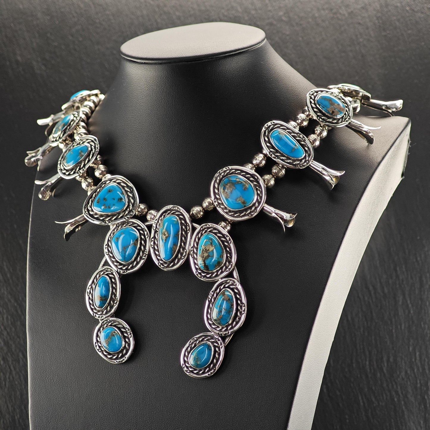 Large Southwest Blue Turquoise Squash Blossom Necklace and Earring Set in Sterling Silver