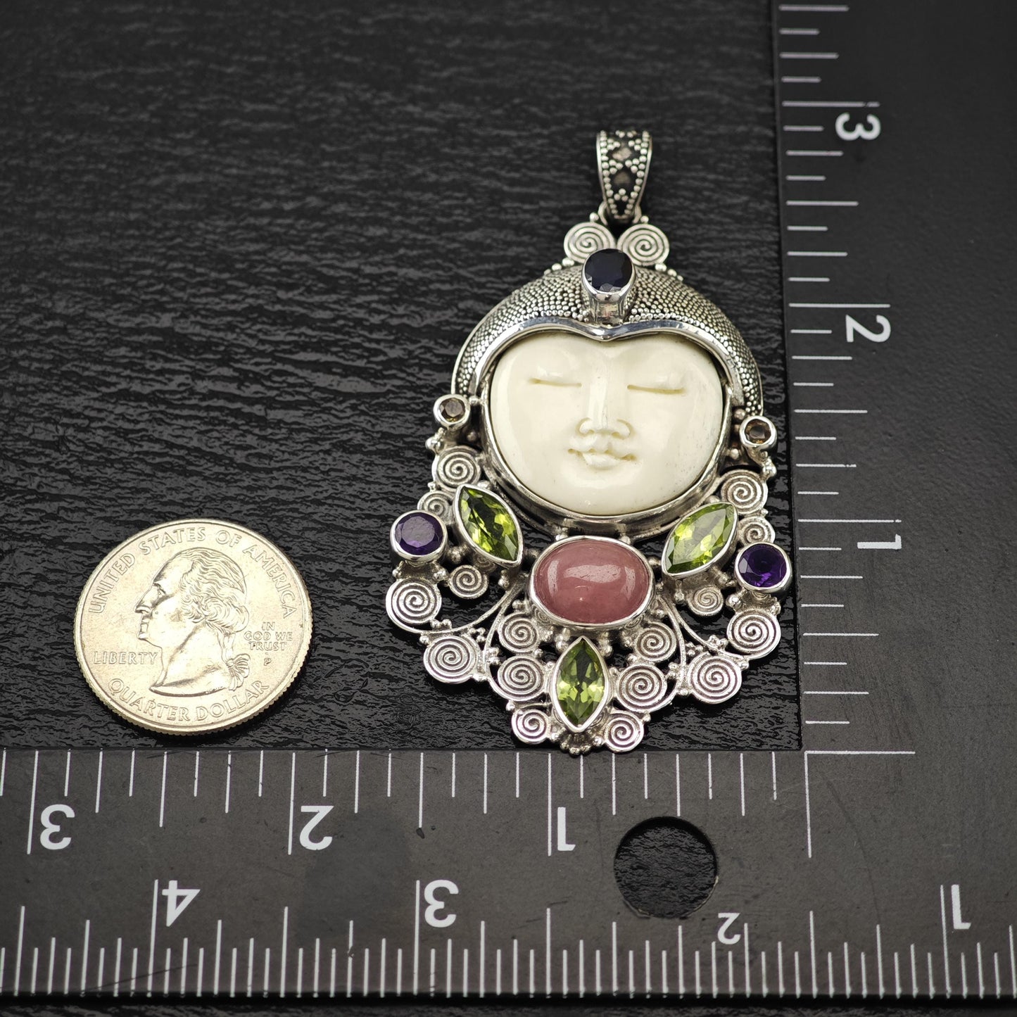 Carved Goddess Face Gemstones Pendant Sterling Silver P2806