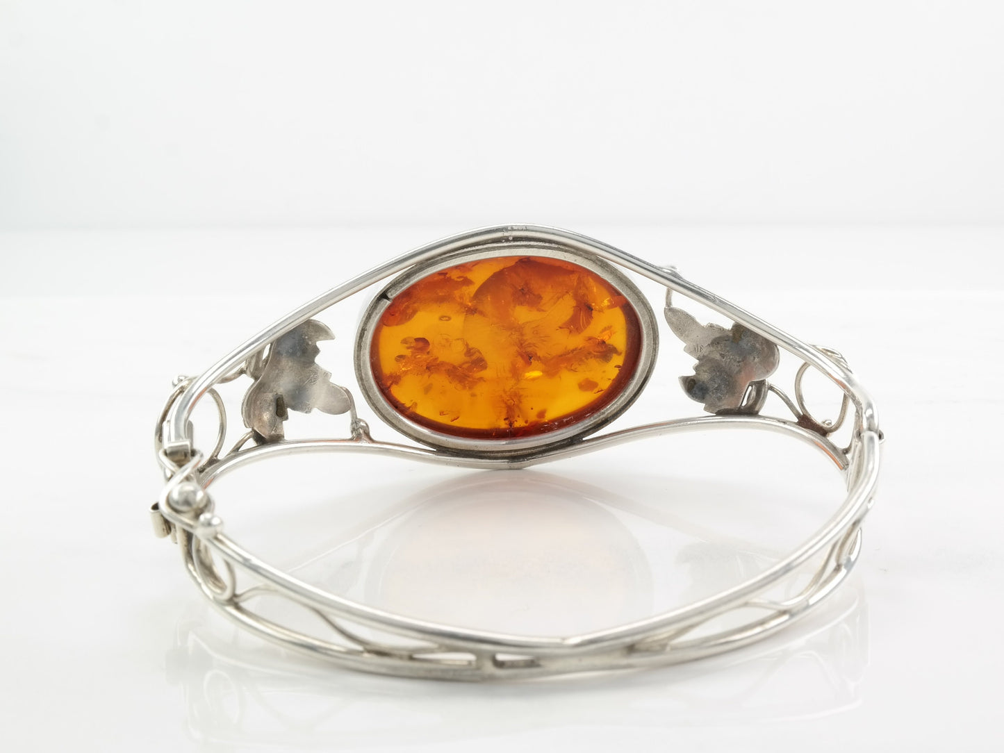 Modernist Sterling Silver Bangle Bracelet Orange Natural Amber