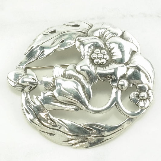 Art Nouveau Style Sterling Silver Brooch Floral