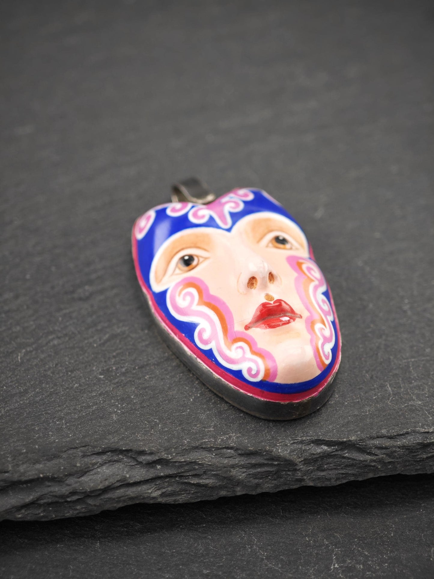 Sergio Bustamante Enamel, Women's Face Brooch/Pendant Sterling Silver