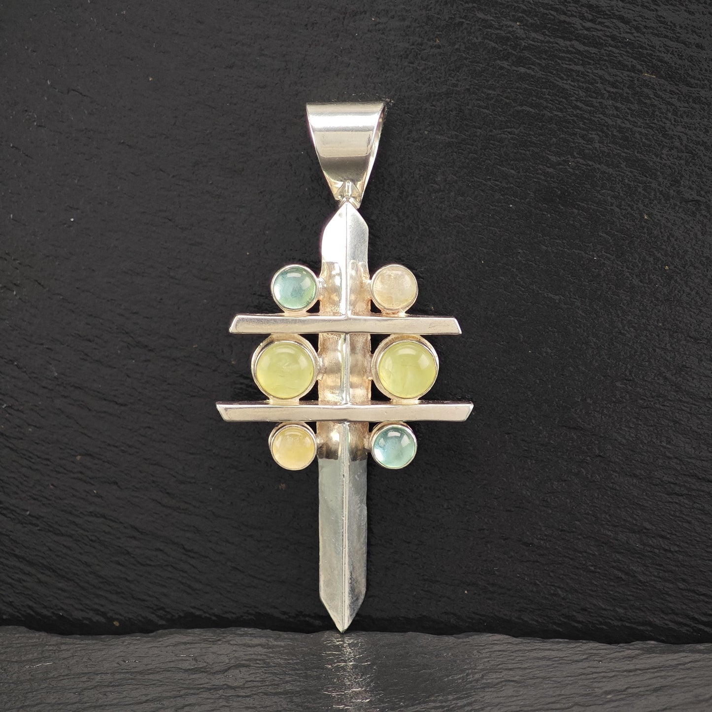 Vintage DTR Moonstone, Prehnite, Topaz Cross Pendant Sterling Silver