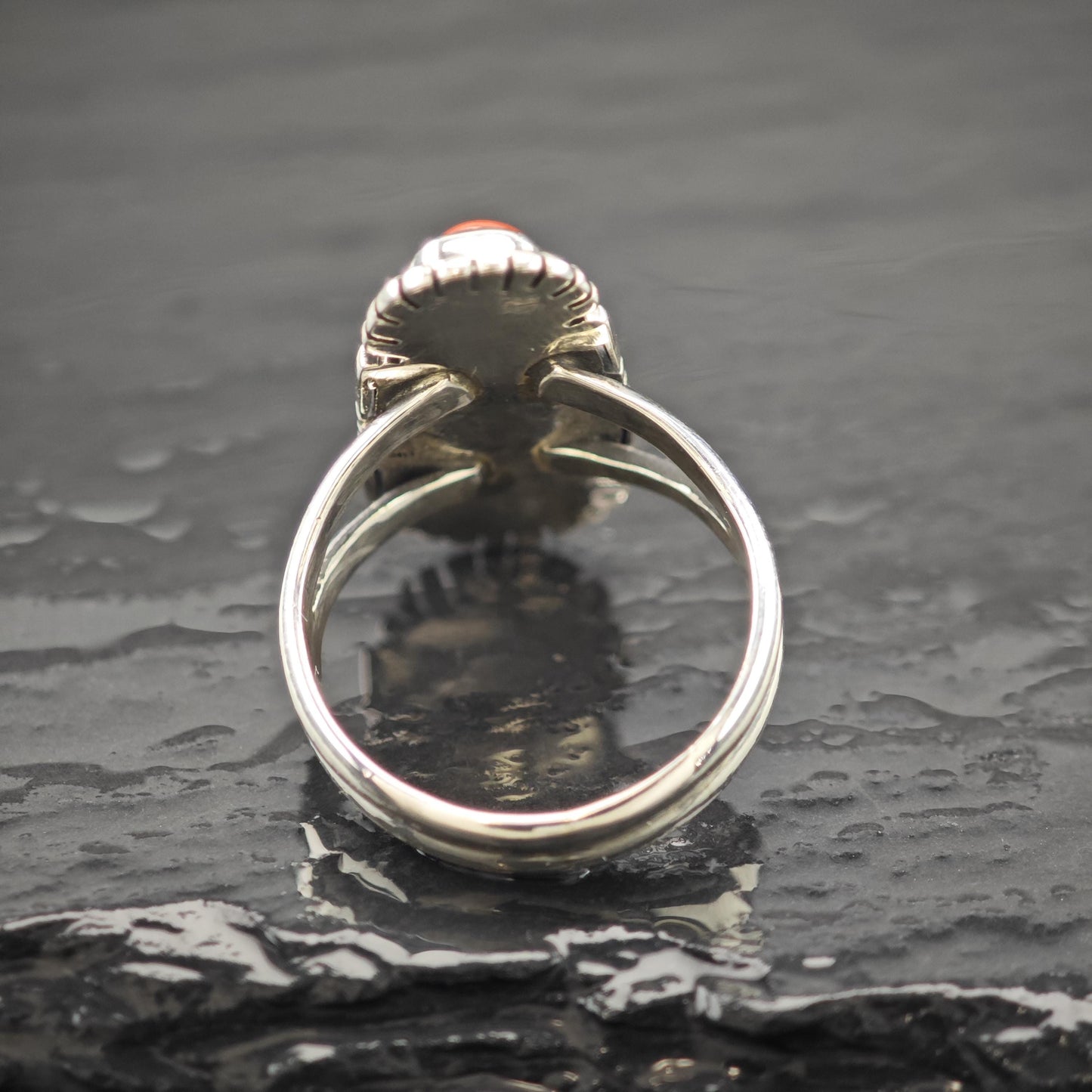 Native American Long Coral Ring Sterling Silver Size 9