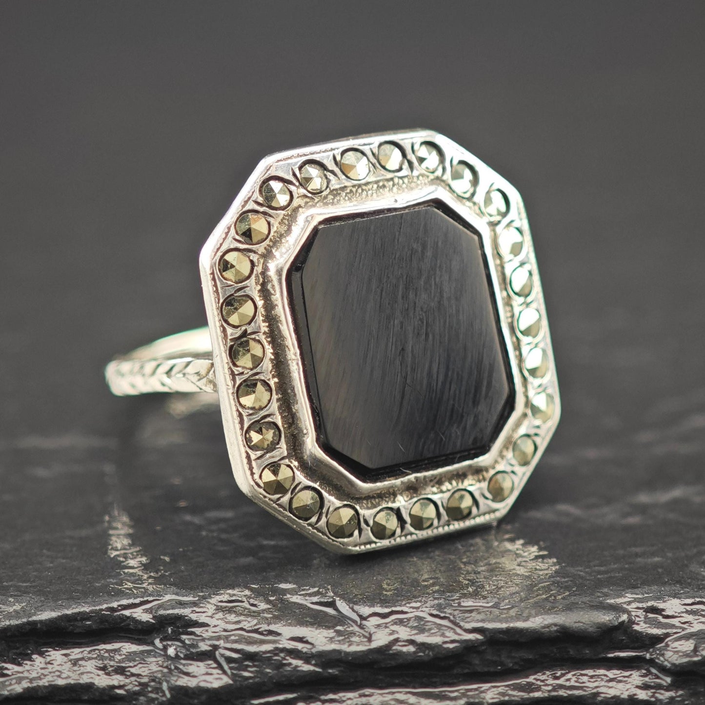 Art Deco Style, Squared Onyx Marcasite Ring Sterling Silver