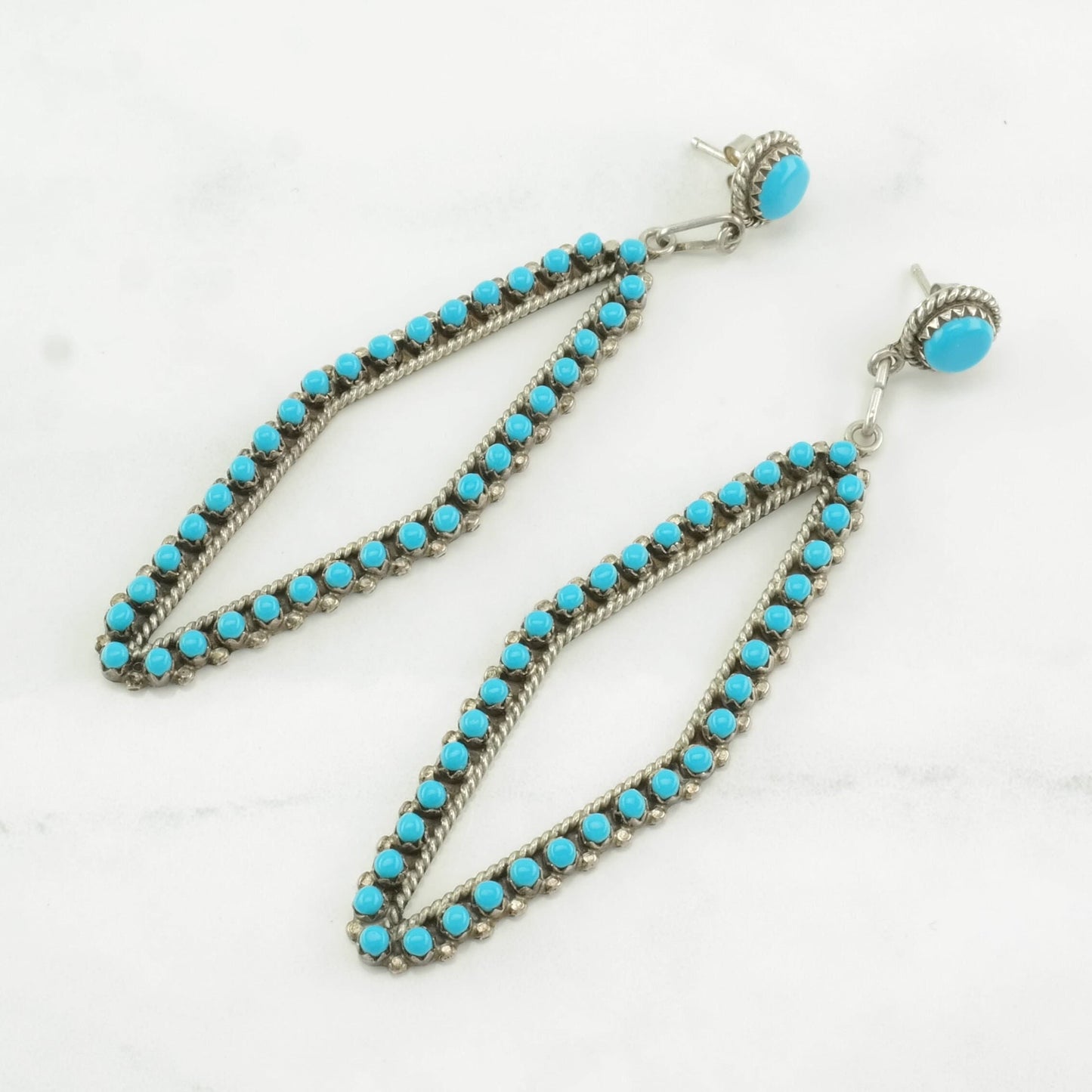 Native American Sterling Silver Blue Turquoise Petit Point, Long Earrings Stud, Dangle