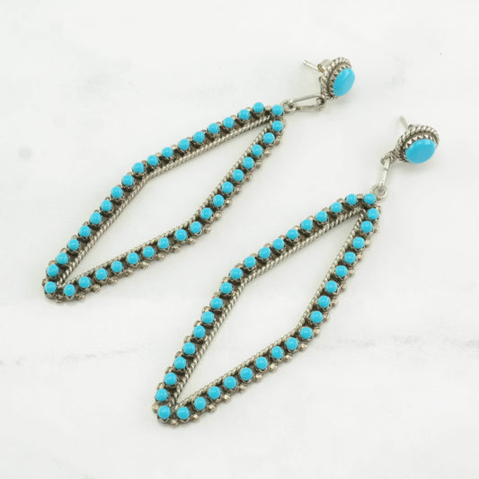 Native American Sterling Silver Blue Turquoise Petit Point, Long Earrings Stud, Dangle