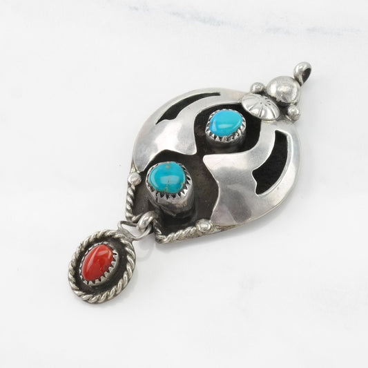 Native American Turquoise, Coral Shadowbox, Dangle Sterling Silver Pendant