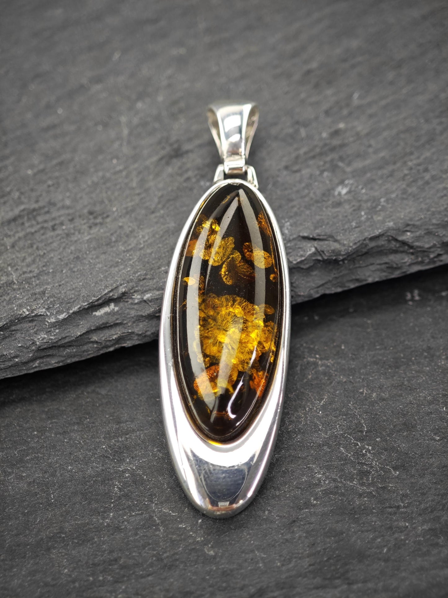 Vintage Modernist Amber Pendant, Poland Sterling Silver