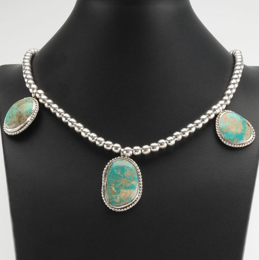 Vintage Southwest Sterling Silver Kingman Turquoise Beaded Necklace