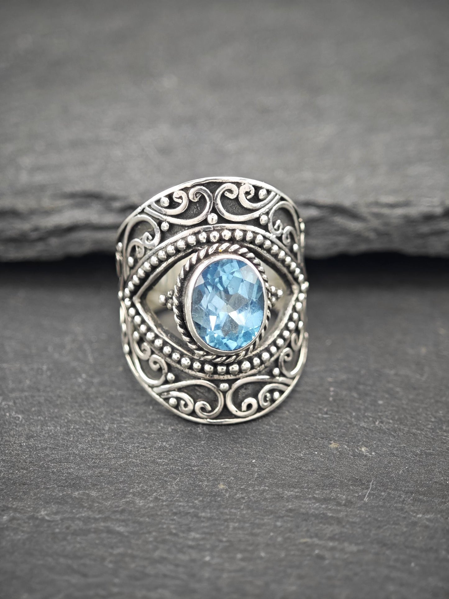 Vintage Topaz, Filigree Ring Sterling Silver