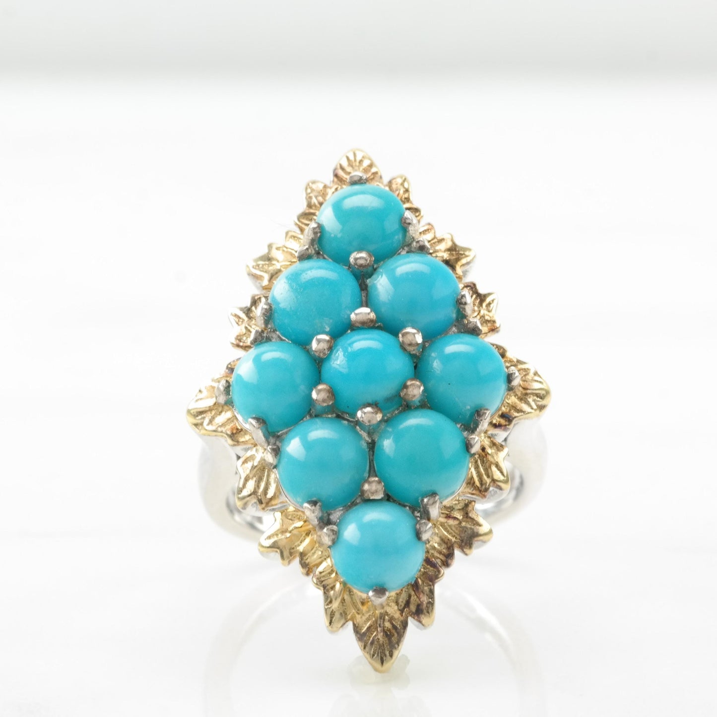 Vintage Sterling Silver Ring Created Turquoise Cluster Gold Plated Top Blue Size 6