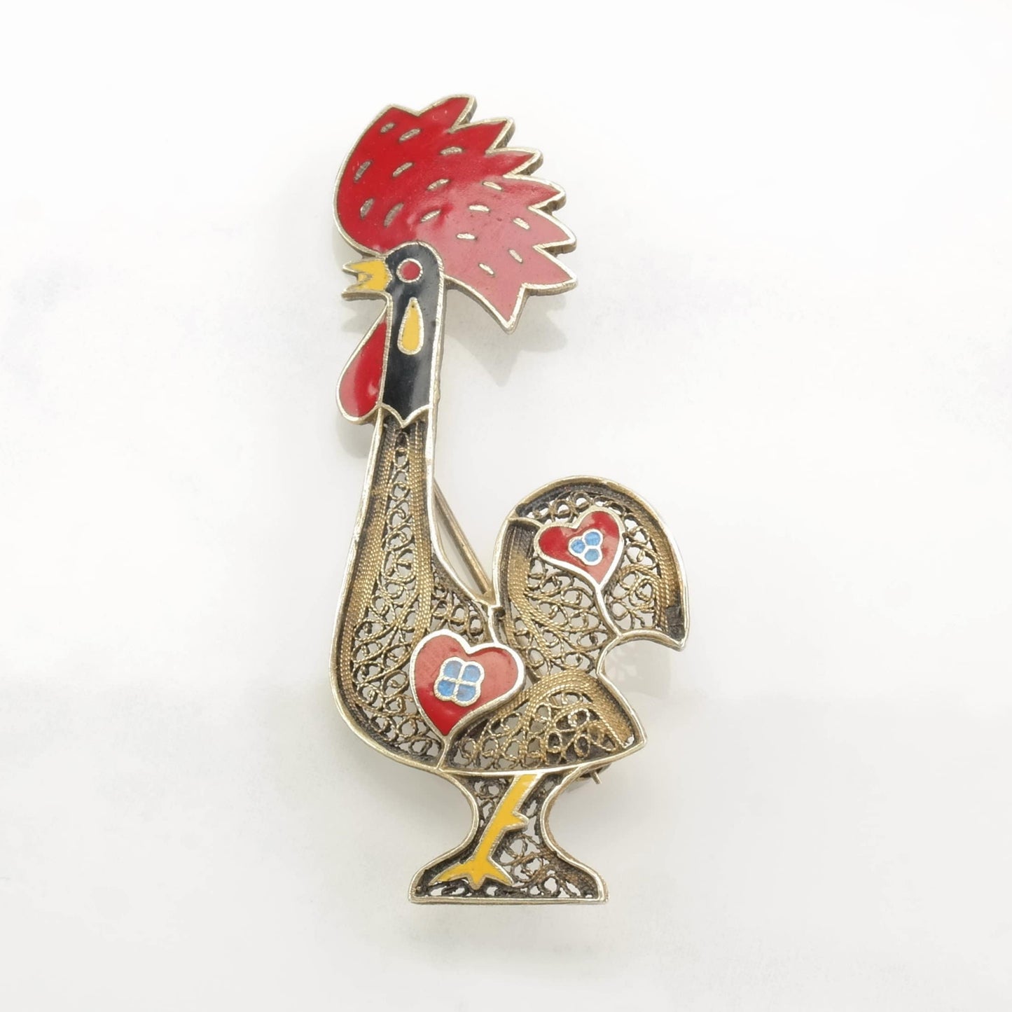 Topazio Sterling Silver Brooch Rooster, Filigree Enamel