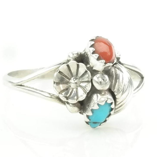 Vintage Southwest Silver Ring Turquoise, Coral Floral Sterling Blue, Red Size 9