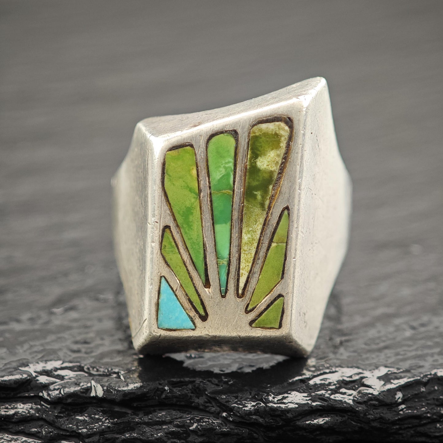Vintage Turquoise Inlay Ring Sterling Silver