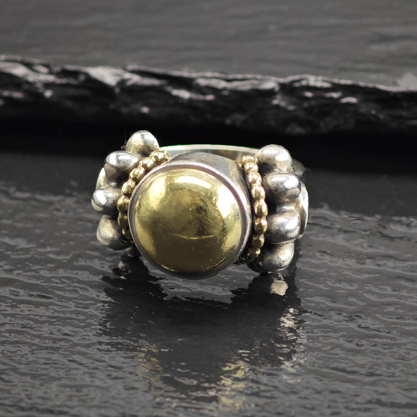 Vintage Lagos Caviar 18K Gold Accent Sterling Silver Ring Sz 7 R6686