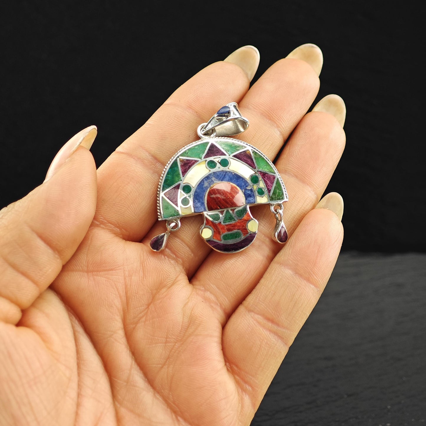 Vintage Gemstone Inlay Tumi Pendant Sterling Silver
