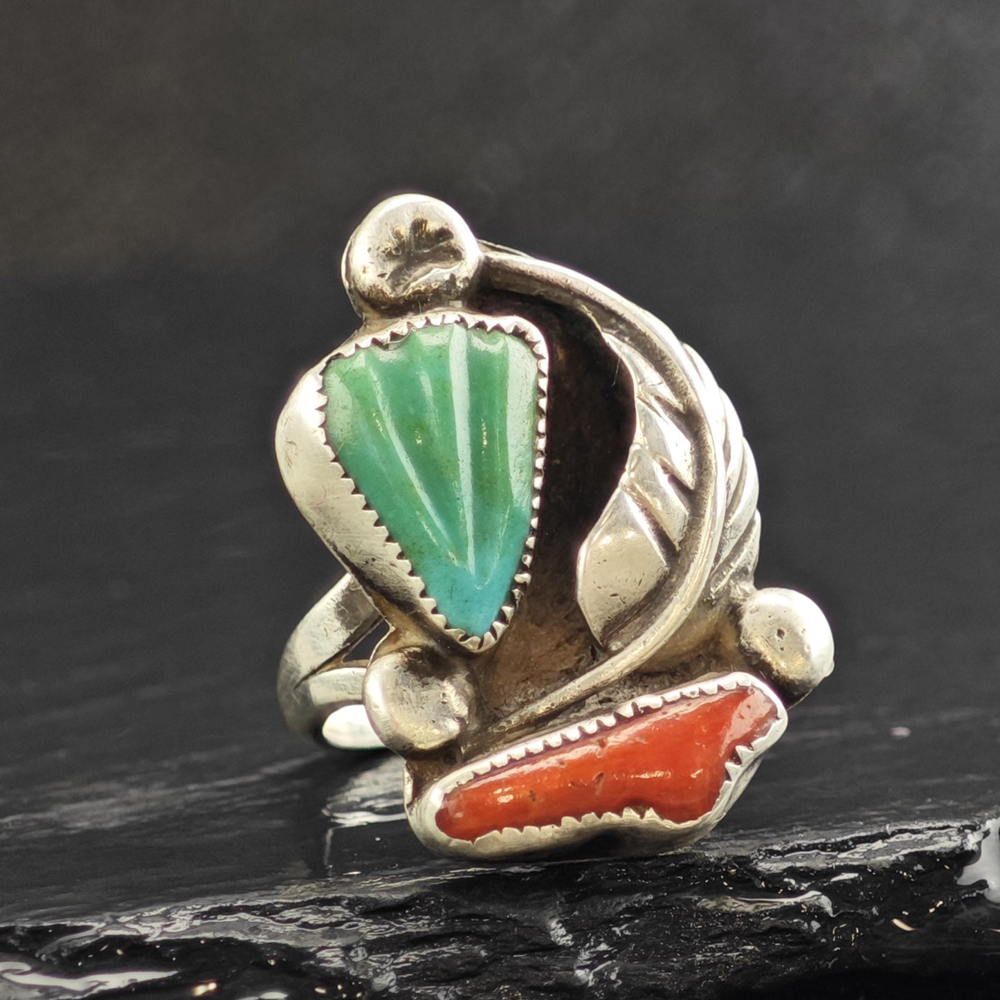 Eustace Zuni Carved Turquoise & Coral Sterling Silver Ring Sz 5 3/4 R6561