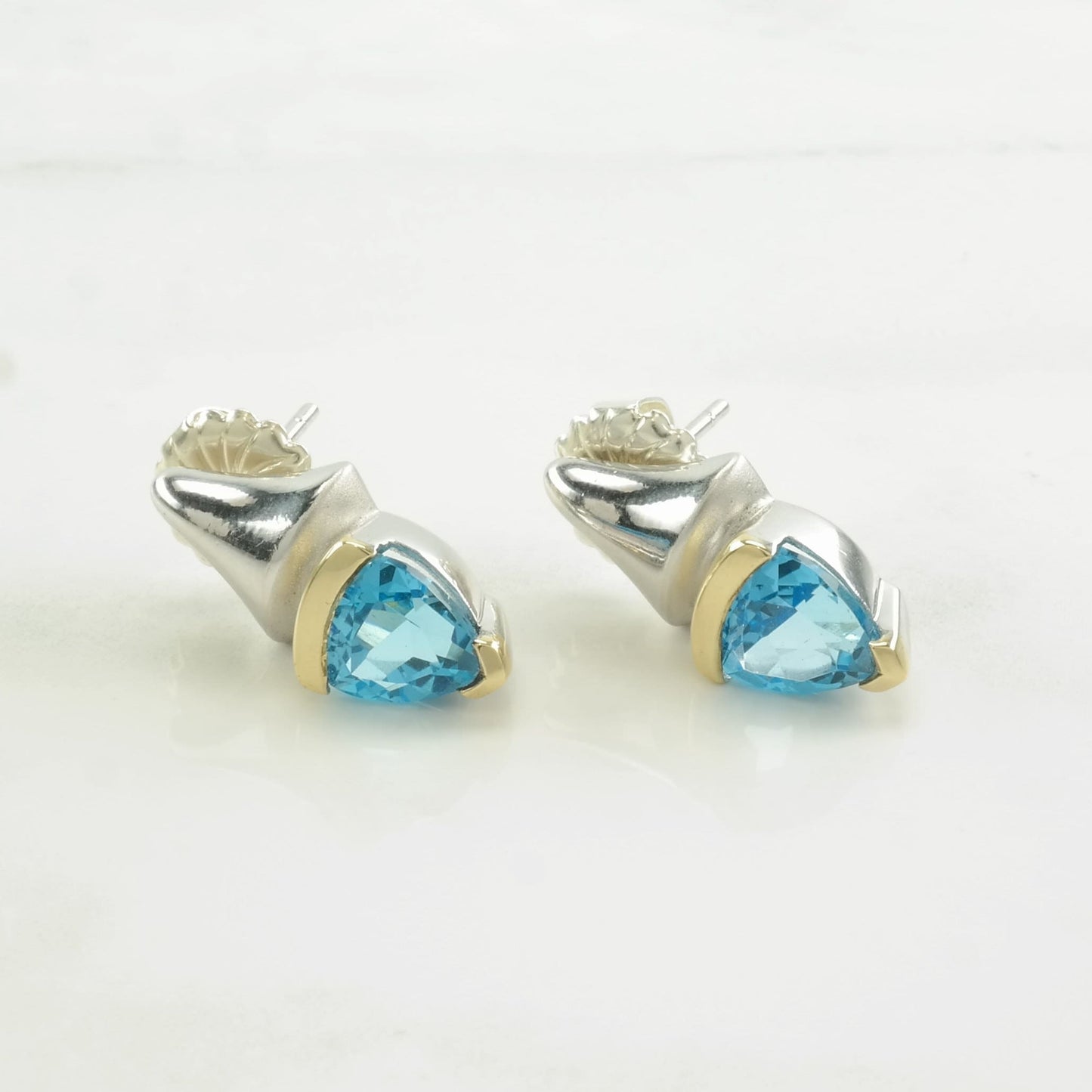 Vintage Sterling Silver Blue Topaz 18K Gold Accent Earrings Stud