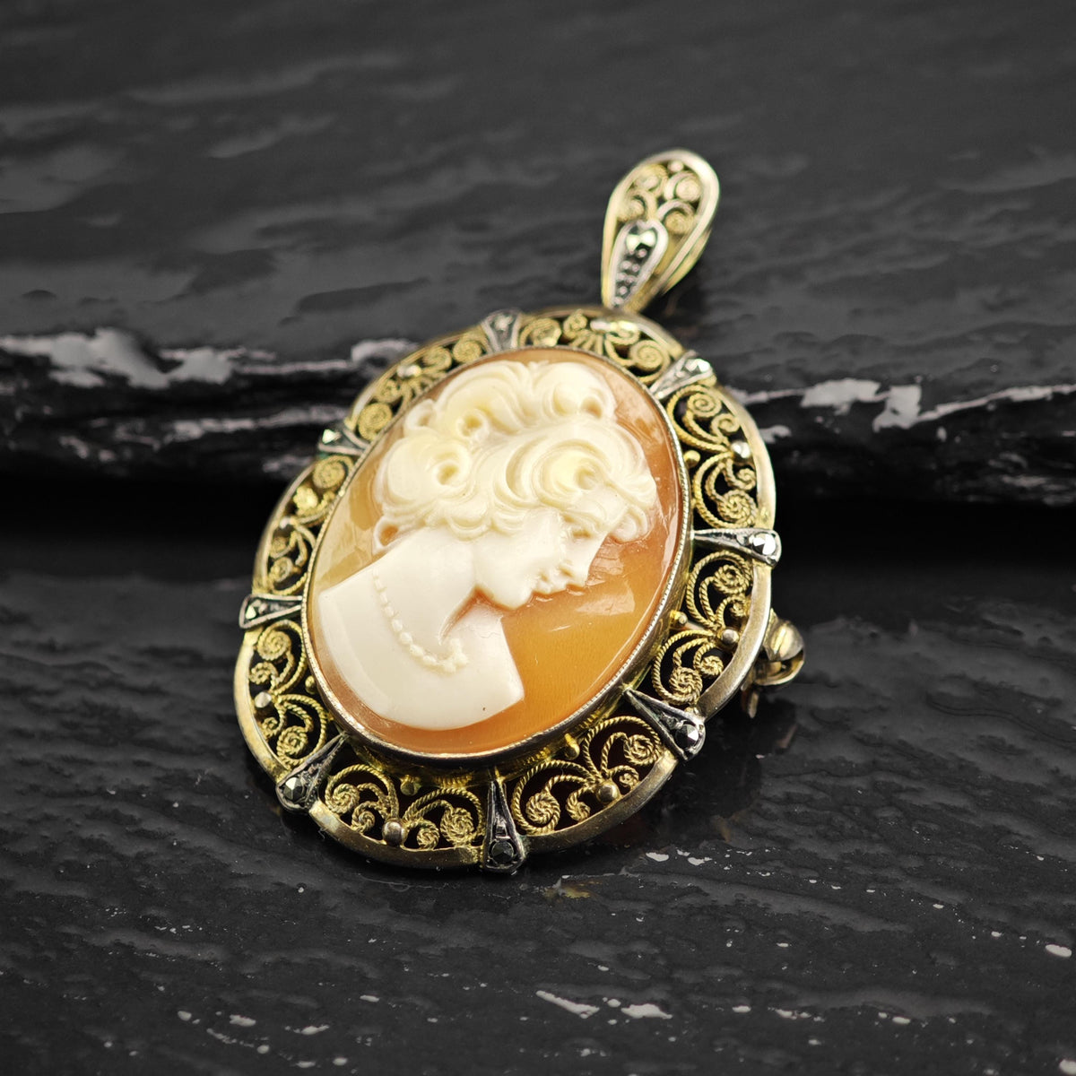 Art Deco Cameo Gold Gilded Sterling Silver Pendant/Brooch P3126