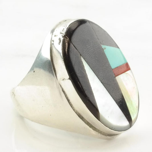 Vintage Native American Silver Ring MOP Turquoise Jet Coral Inlay Sterling Size 11 1/4