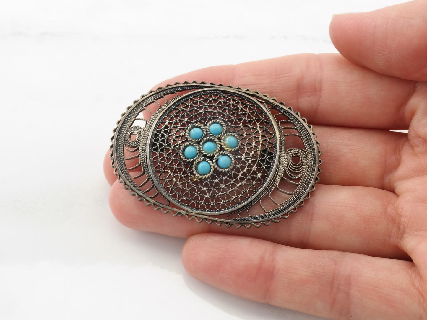 Vintage Filigree Turquoise Brooch Sterling Silver