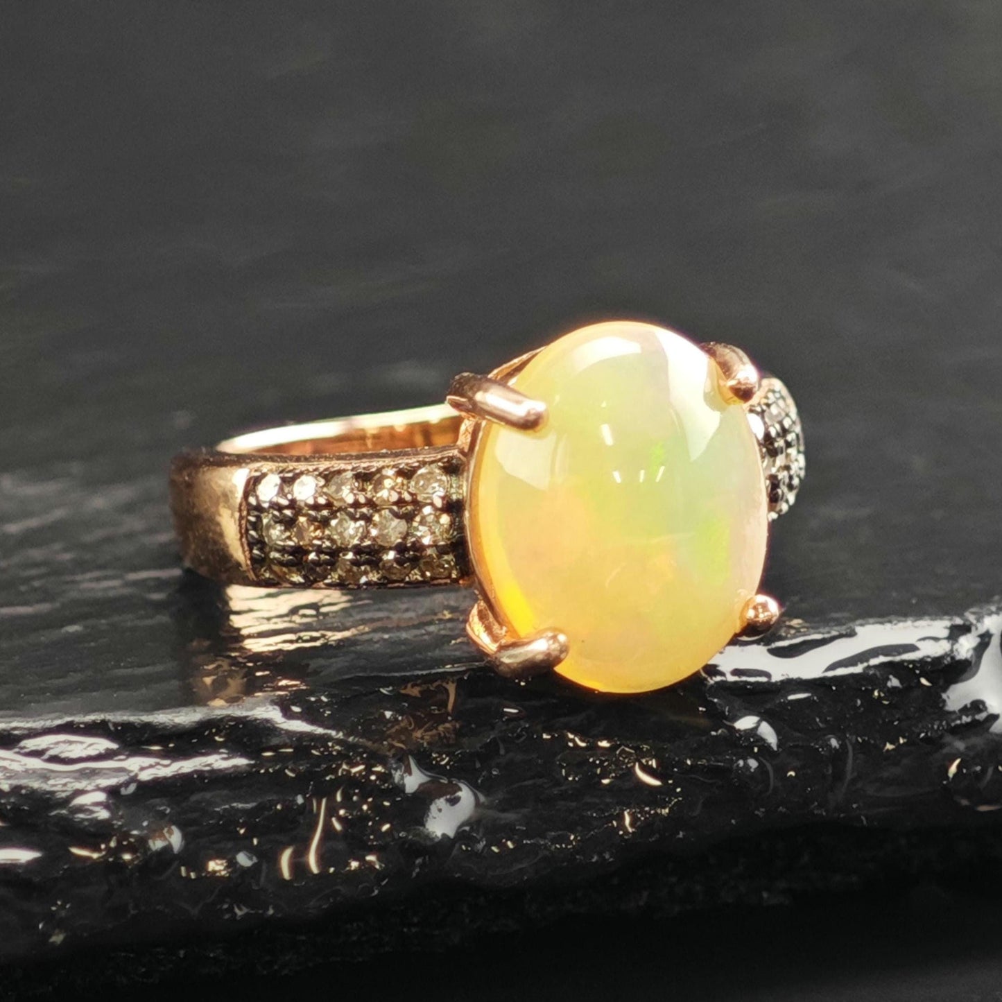 Natural Opal Brown Diamond Rose Gold Sterling Silver Ring Sz 5 R6575