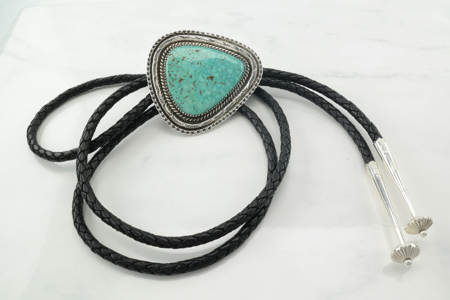 Native Sterling Silver & Kingman Turquoise Bolo Tie, Ca. 1970s N2348