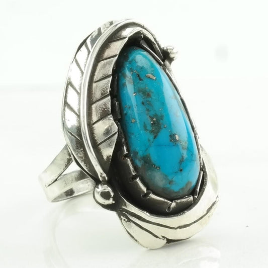 Vintage Southwest Silver Ring Turquoise Leaf Sterling Blue Size 7 1/2