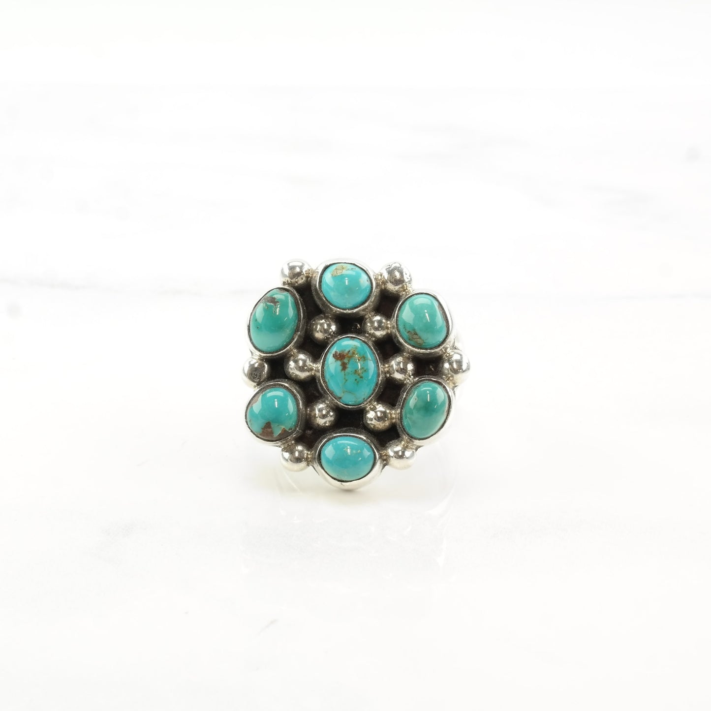 Zuni Silver Ring Turquoise Flower Cluster Sterling Size 6 1/4