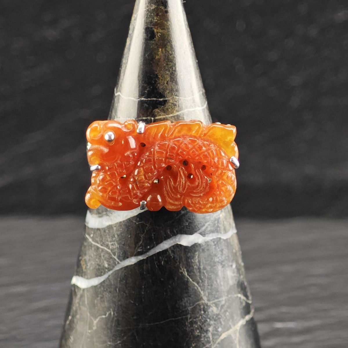 Carved Carnelian Chinese Dragon Sterling Silver Ring Sz 9 R6853