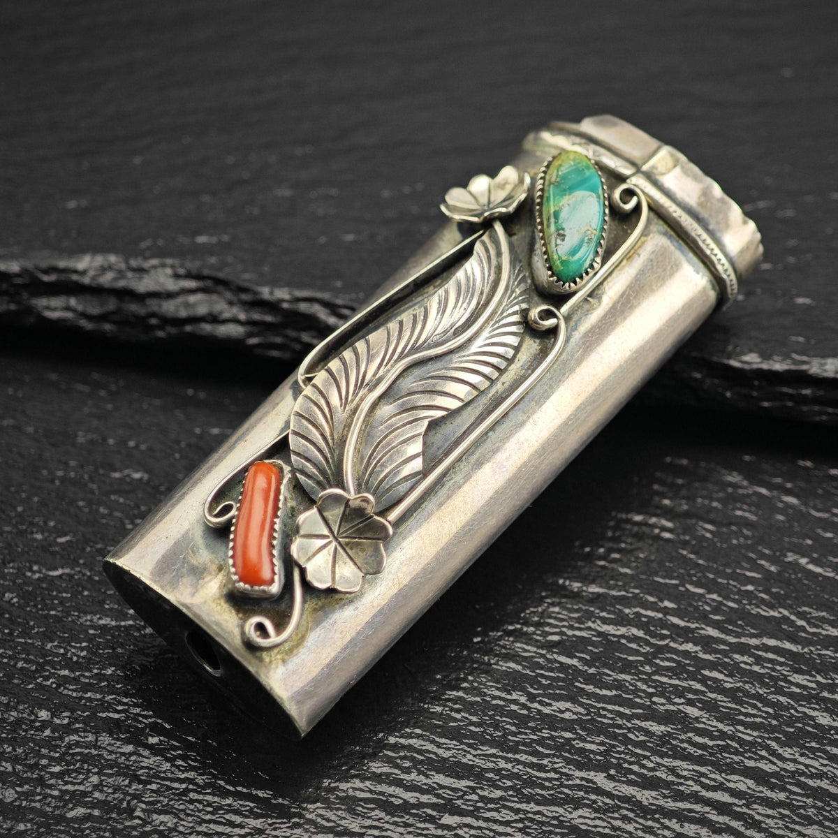 Native American Turquoise & Coral Flora Lighter Cover Sterling Silver MISC0399