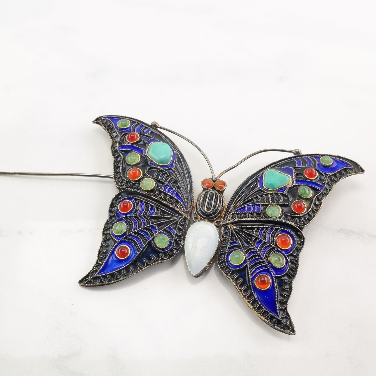 Vintage Silver Brooch Butterfly Enamel Turquoise Sterling