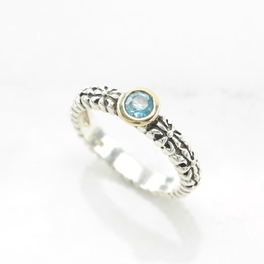 Vintage Sterling Silver Ring Topaz, 14k Gold Bezel Band, Floral Blue Size 7