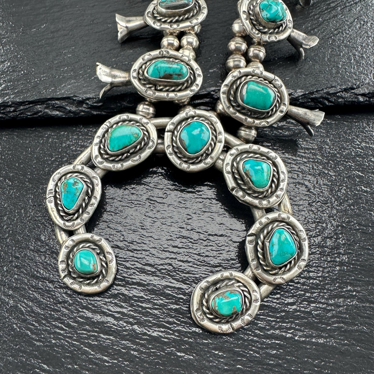 Squash Blossom Necklace with Blue Turquoise Stamped Native American Design Sterling Silver