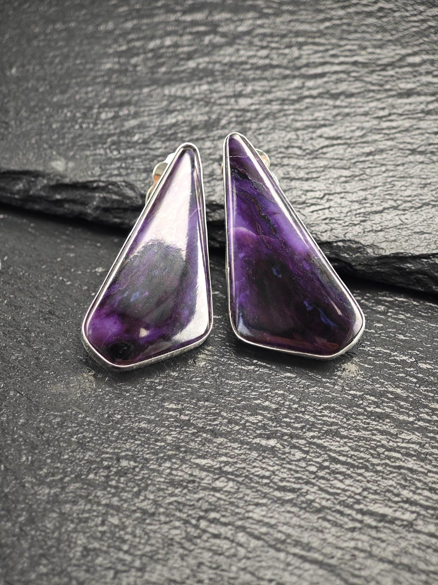 Vintage Purple Sugilite Sterling Silver Clip-On Earrings - Unique Abstract Design