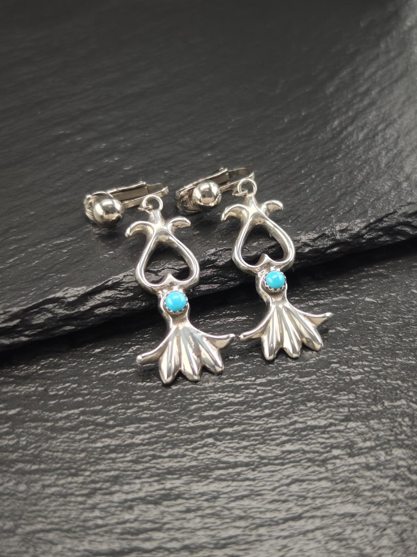 Southwest Blue Block Turquoise Sandcast Clip On/Dangle Earrings Sterling Silver