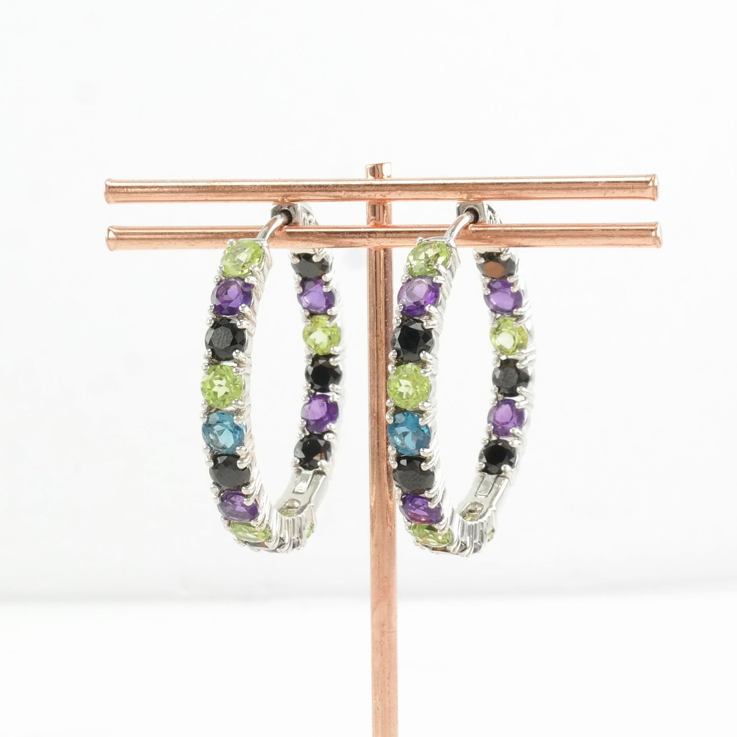 Sterling Silver Amethyst, Onyx, Peridot, Topaz Earrings Hoop