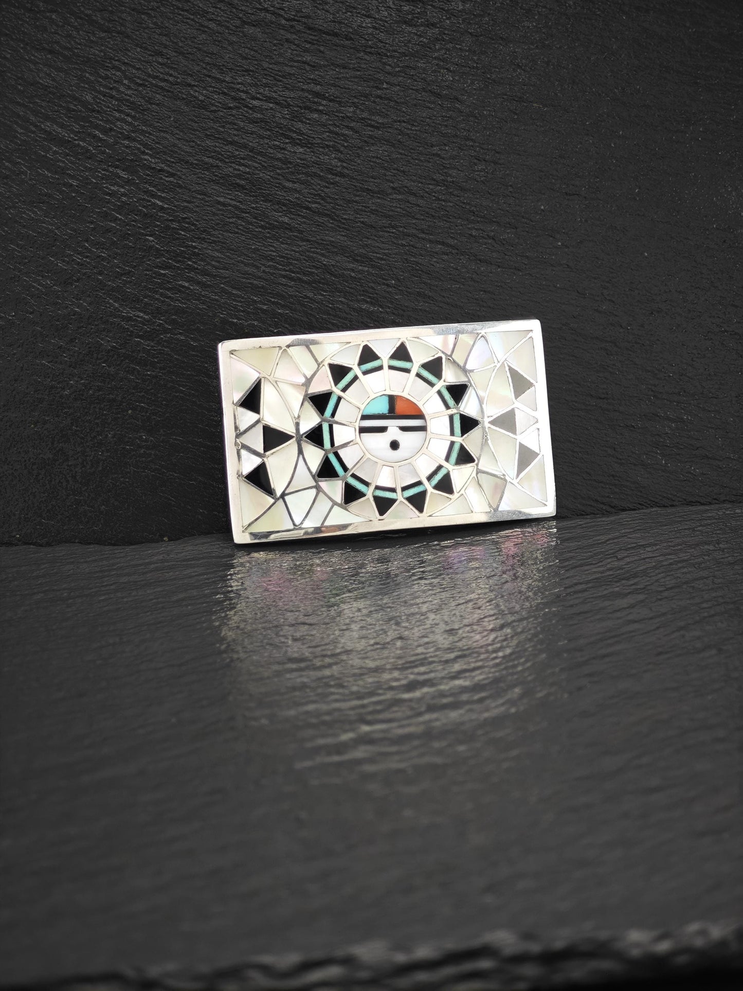Zuni, Native American Sunface, Inlay Belt Buckle Sterling Silver
