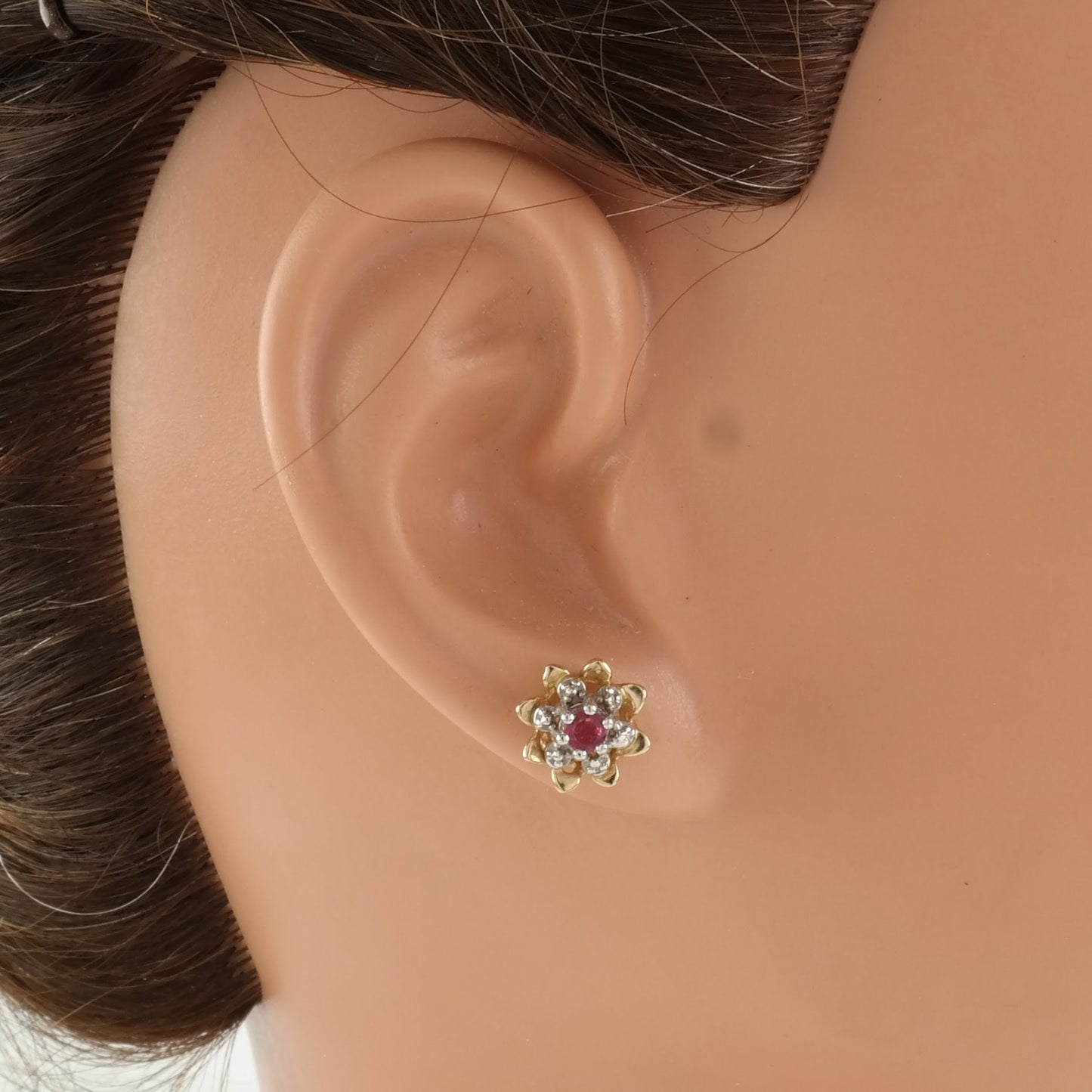 Vintage 14k Gold Stud Earrings Pink Ruby Floral